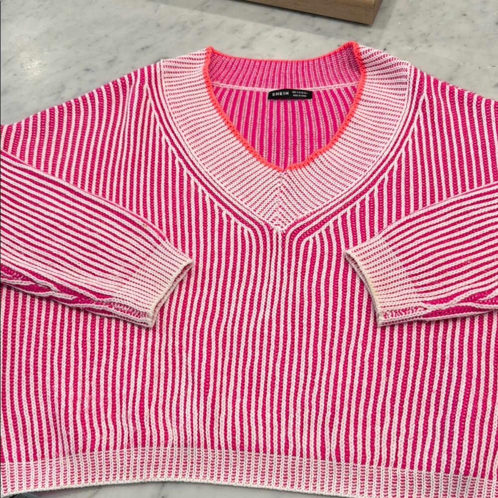 Shein Pink & White Striped V-Neck Women's Sweater